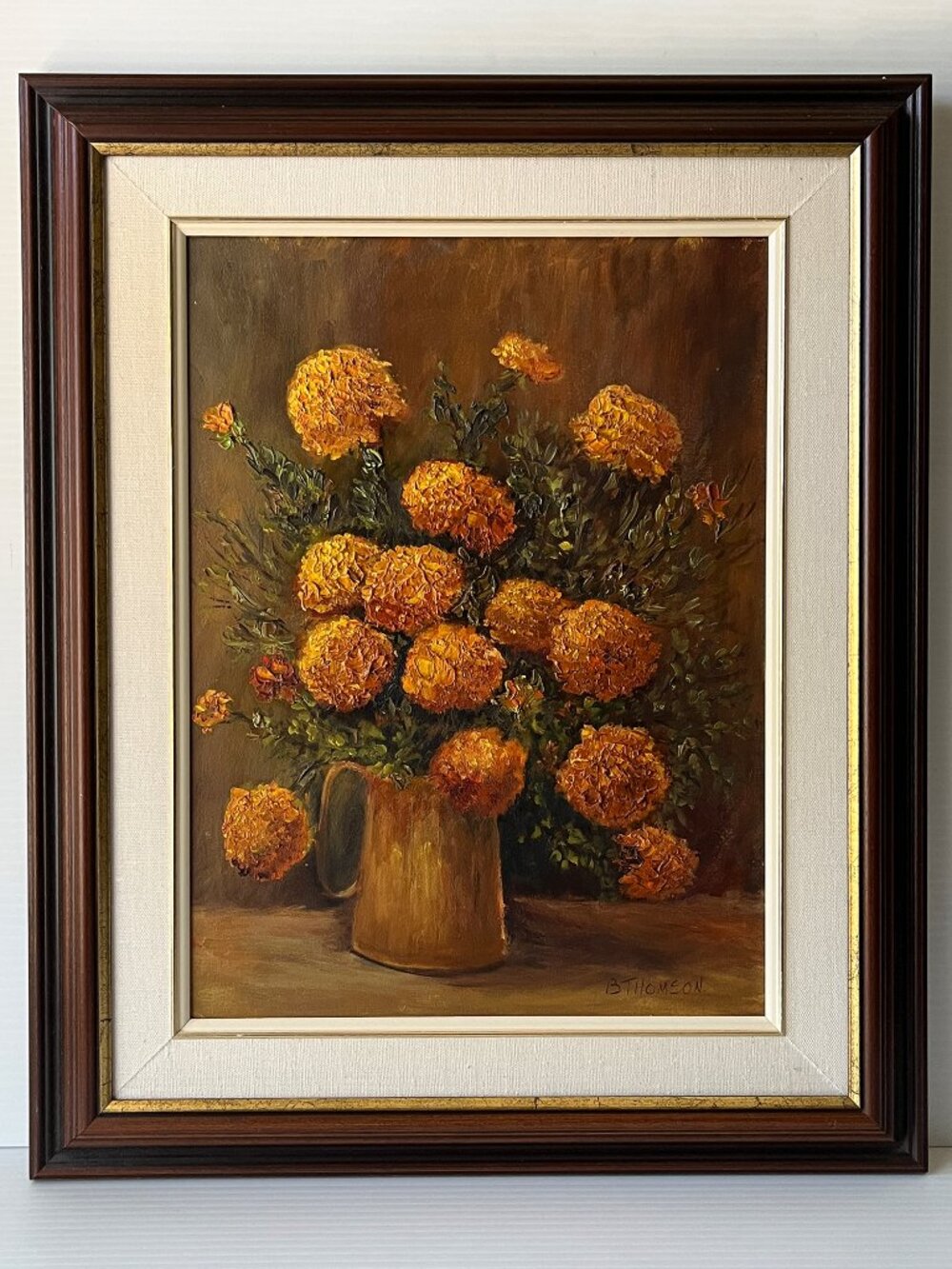 Vtg Original Impasto Oil Painting Marigolds Still Life Signed B. Thomson Framed